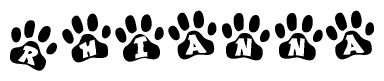 The image shows a row of animal paw prints, each containing a letter. The letters spell out the word Rhianna within the paw prints.