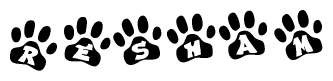 The image shows a series of animal paw prints arranged in a horizontal line. Each paw print contains a letter, and together they spell out the word Resham.