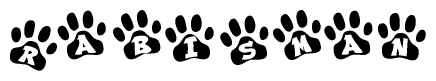 The image shows a series of animal paw prints arranged in a horizontal line. Each paw print contains a letter, and together they spell out the word Rabisman.