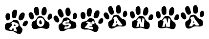 The image shows a series of animal paw prints arranged horizontally. Within each paw print, there's a letter; together they spell Roseanna