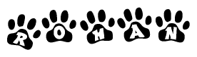 The image shows a row of animal paw prints, each containing a letter. The letters spell out the word Rohan within the paw prints.