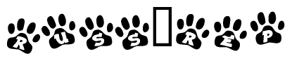 The image shows a row of animal paw prints, each containing a letter. The letters spell out the word Russ rep within the paw prints.