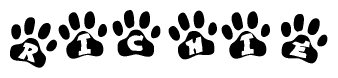 The image shows a series of animal paw prints arranged horizontally. Within each paw print, there's a letter; together they spell Richie