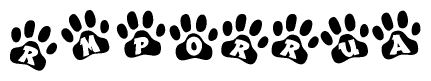 The image shows a series of animal paw prints arranged horizontally. Within each paw print, there's a letter; together they spell Rmporrua