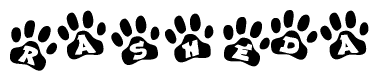 The image shows a row of animal paw prints, each containing a letter. The letters spell out the word Rasheda within the paw prints.