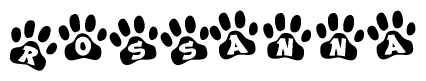 The image shows a series of animal paw prints arranged horizontally. Within each paw print, there's a letter; together they spell Rossanna