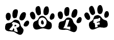 The image shows a series of animal paw prints arranged in a horizontal line. Each paw print contains a letter, and together they spell out the word Rolf.