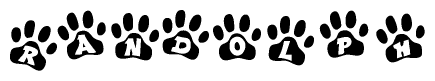 The image shows a row of animal paw prints, each containing a letter. The letters spell out the word Randolph within the paw prints.