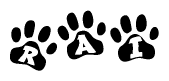The image shows a series of animal paw prints arranged horizontally. Within each paw print, there's a letter; together they spell Rai