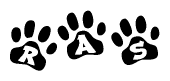 The image shows a series of animal paw prints arranged horizontally. Within each paw print, there's a letter; together they spell Ras
