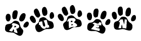 The image shows a series of animal paw prints arranged in a horizontal line. Each paw print contains a letter, and together they spell out the word Ruben.