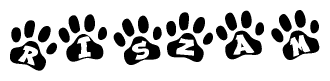 The image shows a series of animal paw prints arranged horizontally. Within each paw print, there's a letter; together they spell Riszam
