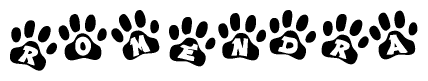 The image shows a series of animal paw prints arranged in a horizontal line. Each paw print contains a letter, and together they spell out the word Romendra.