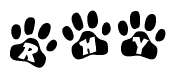 The image shows a series of animal paw prints arranged in a horizontal line. Each paw print contains a letter, and together they spell out the word Rhy.