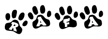 The image shows a series of animal paw prints arranged horizontally. Within each paw print, there's a letter; together they spell Rafa