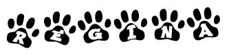 The image shows a series of animal paw prints arranged horizontally. Within each paw print, there's a letter; together they spell Regina