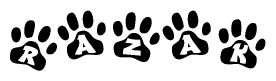 The image shows a series of animal paw prints arranged horizontally. Within each paw print, there's a letter; together they spell Razak
