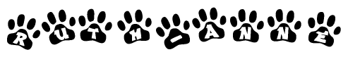 The image shows a series of animal paw prints arranged horizontally. Within each paw print, there's a letter; together they spell Ruth-anne