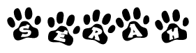 The image shows a series of animal paw prints arranged in a horizontal line. Each paw print contains a letter, and together they spell out the word Serah.