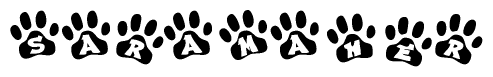 The image shows a series of animal paw prints arranged horizontally. Within each paw print, there's a letter; together they spell Saramaher