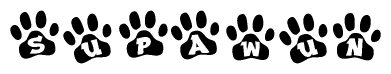 The image shows a row of animal paw prints, each containing a letter. The letters spell out the word Supawun within the paw prints.