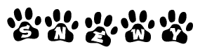 The image shows a series of animal paw prints arranged horizontally. Within each paw print, there's a letter; together they spell Snewy