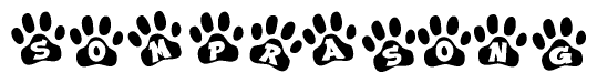 The image shows a series of animal paw prints arranged horizontally. Within each paw print, there's a letter; together they spell Somprasong