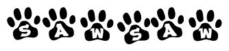 The image shows a series of animal paw prints arranged horizontally. Within each paw print, there's a letter; together they spell Sawsaw