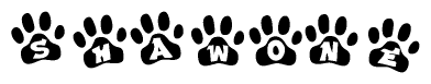 The image shows a series of animal paw prints arranged horizontally. Within each paw print, there's a letter; together they spell Shawone