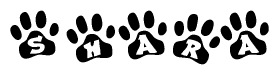 The image shows a series of animal paw prints arranged in a horizontal line. Each paw print contains a letter, and together they spell out the word Shara.