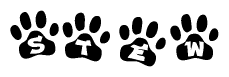 The image shows a row of animal paw prints, each containing a letter. The letters spell out the word Stew within the paw prints.