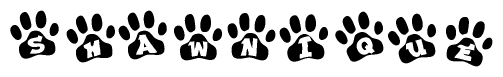 The image shows a series of animal paw prints arranged horizontally. Within each paw print, there's a letter; together they spell Shawnique