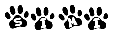 The image shows a row of animal paw prints, each containing a letter. The letters spell out the word Simi within the paw prints.
