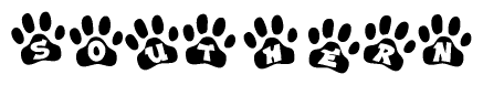 The image shows a series of animal paw prints arranged in a horizontal line. Each paw print contains a letter, and together they spell out the word Southern.