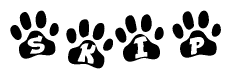 The image shows a series of animal paw prints arranged horizontally. Within each paw print, there's a letter; together they spell Skip