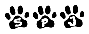 The image shows a row of animal paw prints, each containing a letter. The letters spell out the word Spj within the paw prints.