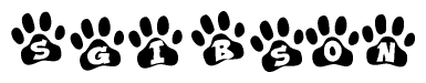 The image shows a series of animal paw prints arranged in a horizontal line. Each paw print contains a letter, and together they spell out the word Sgibson.