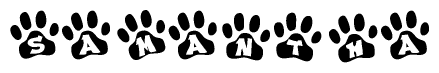 The image shows a series of animal paw prints arranged in a horizontal line. Each paw print contains a letter, and together they spell out the word Samantha.