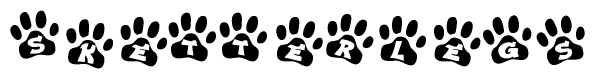 The image shows a row of animal paw prints, each containing a letter. The letters spell out the word Sketterlegs within the paw prints.
