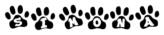 The image shows a series of animal paw prints arranged in a horizontal line. Each paw print contains a letter, and together they spell out the word Simona.