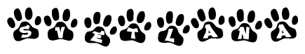 The image shows a series of animal paw prints arranged in a horizontal line. Each paw print contains a letter, and together they spell out the word Svetlana.