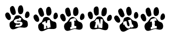 The image shows a series of animal paw prints arranged horizontally. Within each paw print, there's a letter; together they spell Shinui
