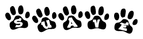 The image shows a series of animal paw prints arranged in a horizontal line. Each paw print contains a letter, and together they spell out the word Suave.