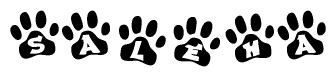 The image shows a series of animal paw prints arranged in a horizontal line. Each paw print contains a letter, and together they spell out the word Saleha.