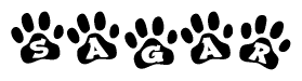The image shows a series of animal paw prints arranged in a horizontal line. Each paw print contains a letter, and together they spell out the word Sagar.