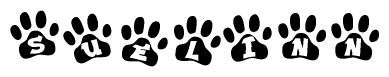 The image shows a series of animal paw prints arranged horizontally. Within each paw print, there's a letter; together they spell Suelinn