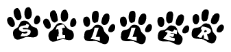 The image shows a row of animal paw prints, each containing a letter. The letters spell out the word Siller within the paw prints.