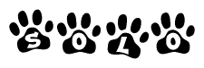 The image shows a series of animal paw prints arranged horizontally. Within each paw print, there's a letter; together they spell Solo
