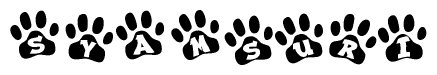 The image shows a row of animal paw prints, each containing a letter. The letters spell out the word Syamsuri within the paw prints.