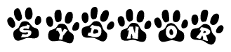 The image shows a series of animal paw prints arranged in a horizontal line. Each paw print contains a letter, and together they spell out the word Sydnor.